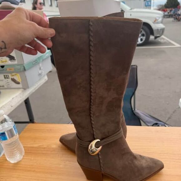 Taupe Suede Boots w Gold Buckle Detail - Picture 3 of 5